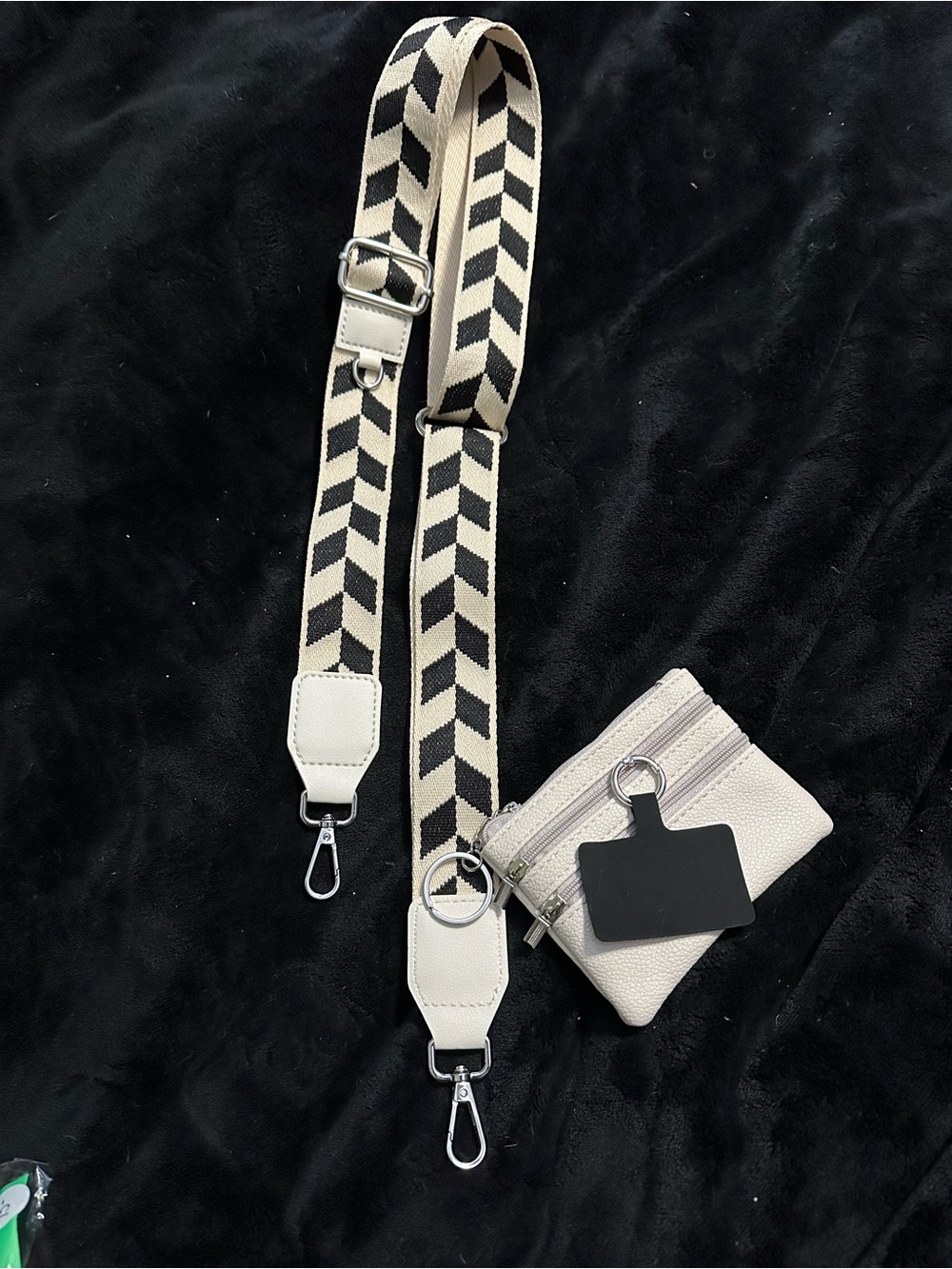 Adjustable Cream & Black Patterned Bag Strap with Cream Coin Pouch